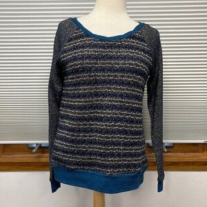 Miss Me Teal Blue Gold Sparkle Striped Twist Scoop Neck Sweater Size Small